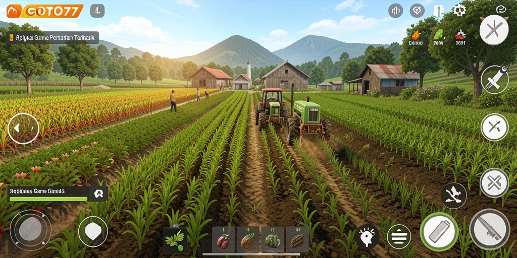 Tampilan gameplay GOTO77 dengan kebun yang rimbun dan tanaman subur.