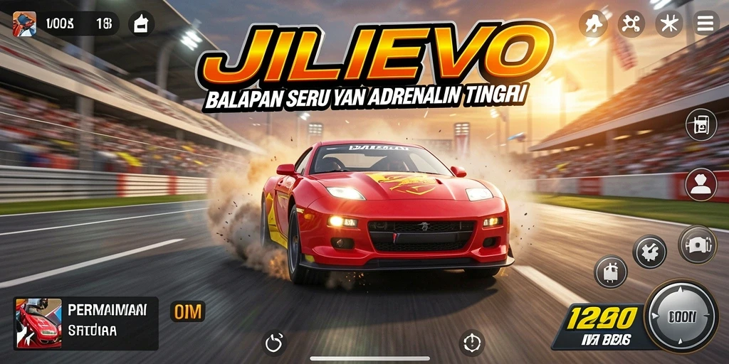 Gameplay seru JILIEVO dengan mobil balap melaju kencang di trek.