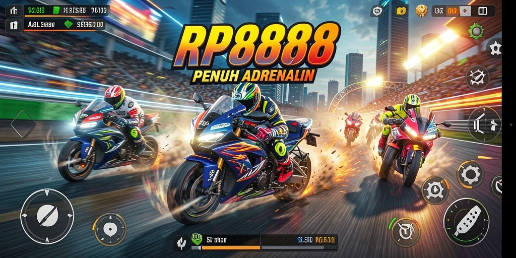 Screenshot gameplay RP8888 menampilkan aksi balapan motor yang seru.